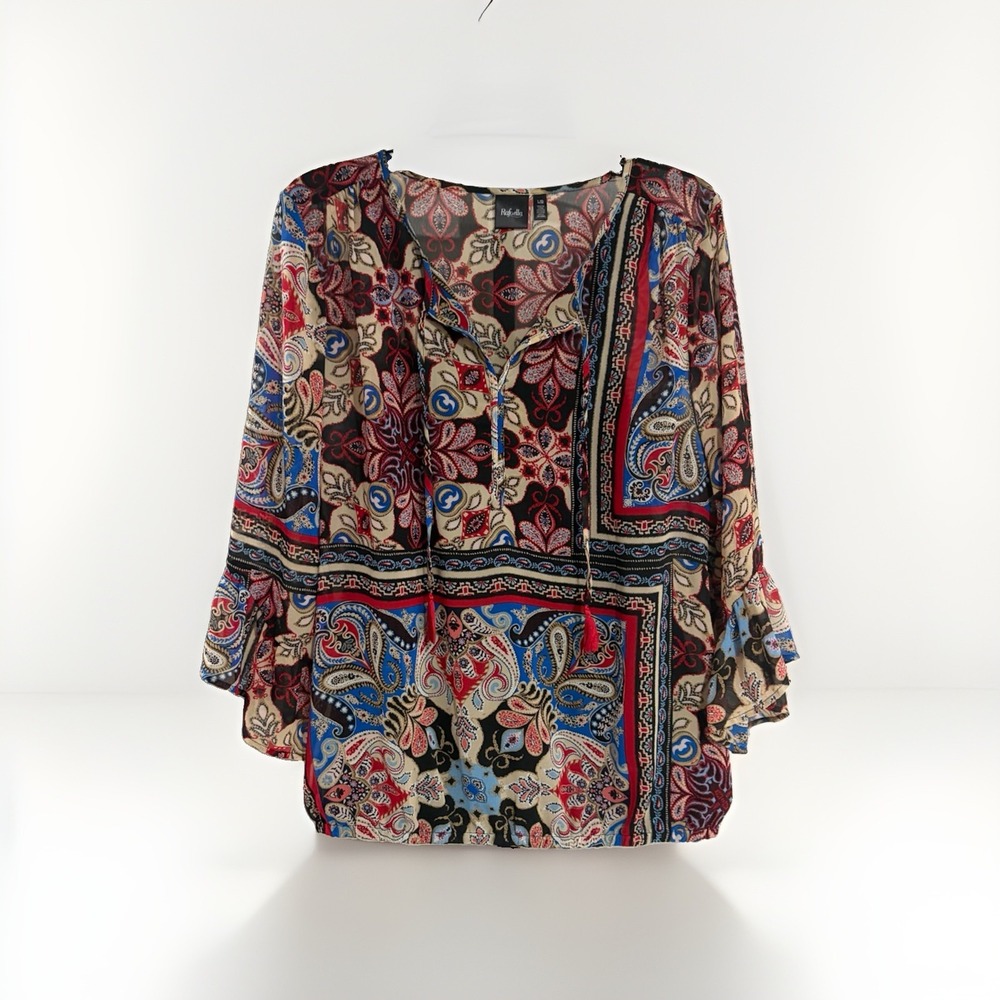 Rafaella Womens L Multicolor Paisley Print Tassel Bell Sleeve Boho Blouse F161
